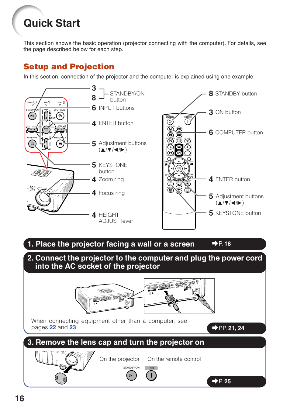 Quick start, Setup and projection | Eiki EIP-250 User Manual | Page 18 / 70