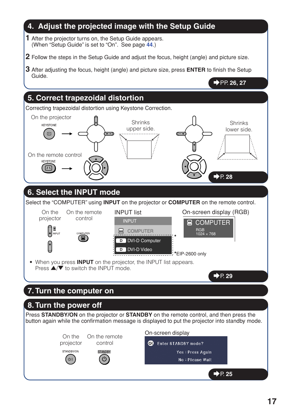 Adjust the projected image with the setup guide, Select the input mode, Turn the computer on | Eiki EIP-250 User Manual | Page 19 / 70