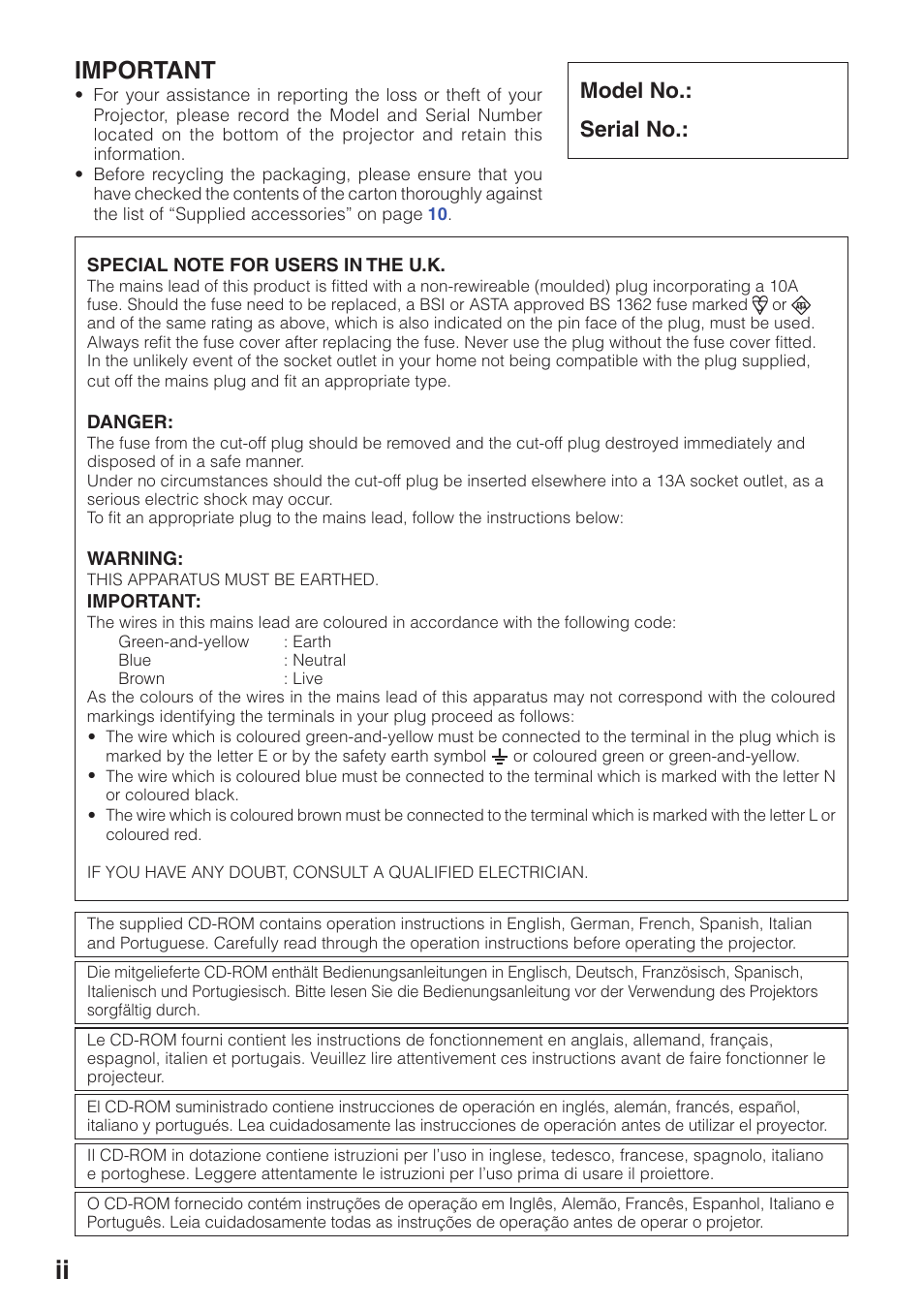 Important, Model no.: serial no | Eiki EIP-250 User Manual | Page 2 / 70