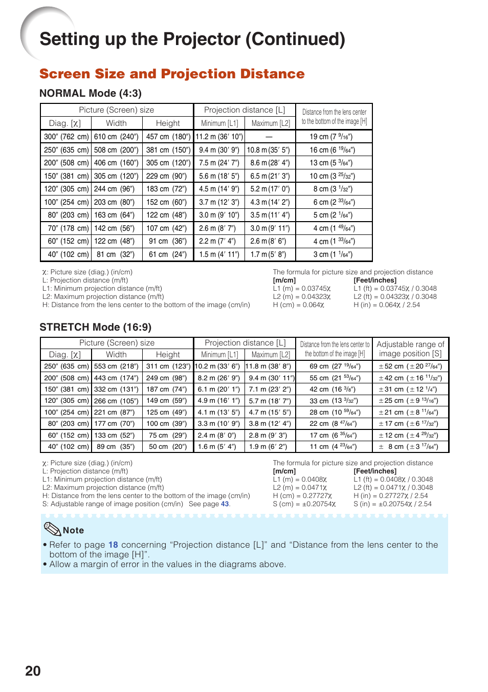 Screen size and projection distance, For additional infor, Setting up the projector (continued) | Normal mode (4:3), Stretch mode (16:9) | Eiki EIP-250 User Manual | Page 22 / 70