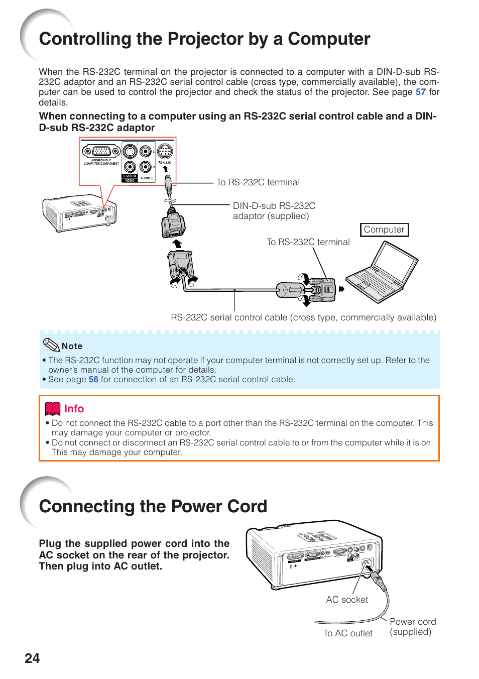 Controlling the projector by a computer, Connecting the power cord, Controlling the projector by | A computer | Eiki EIP-250 User Manual | Page 26 / 70
