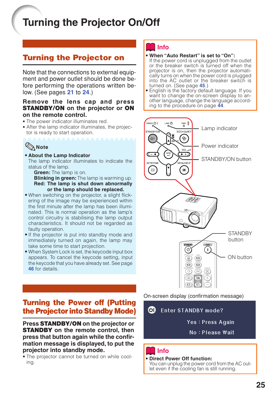 Basic operation, Turning the projector on/off, Turning the projector on | Projector into standby mode) | Eiki EIP-250 User Manual | Page 27 / 70