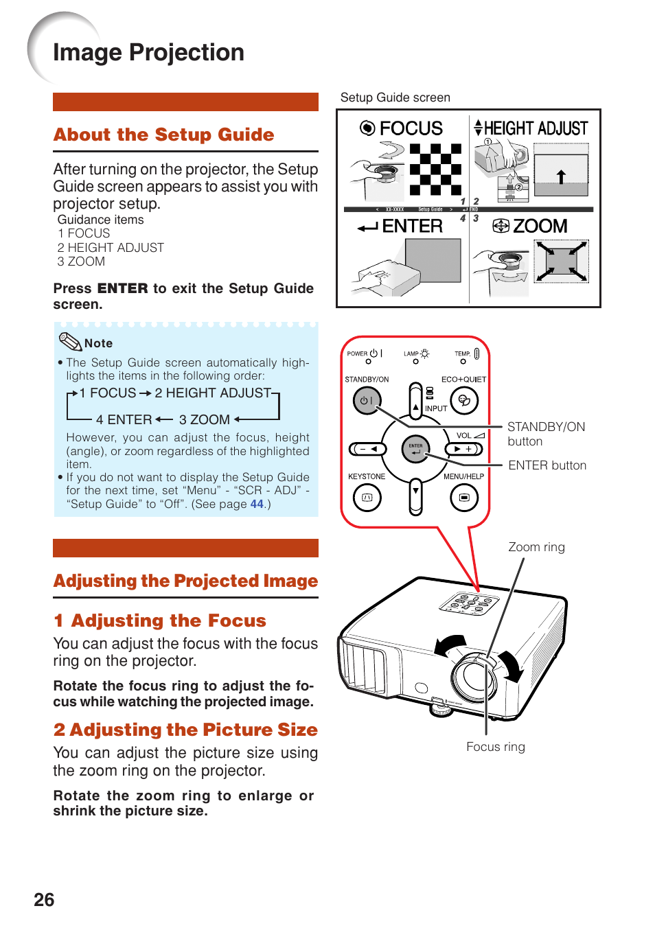 Image projection, About the setup guide, Adjusting the projected image | 2 adjusting the picture size | Eiki EIP-250 User Manual | Page 28 / 70