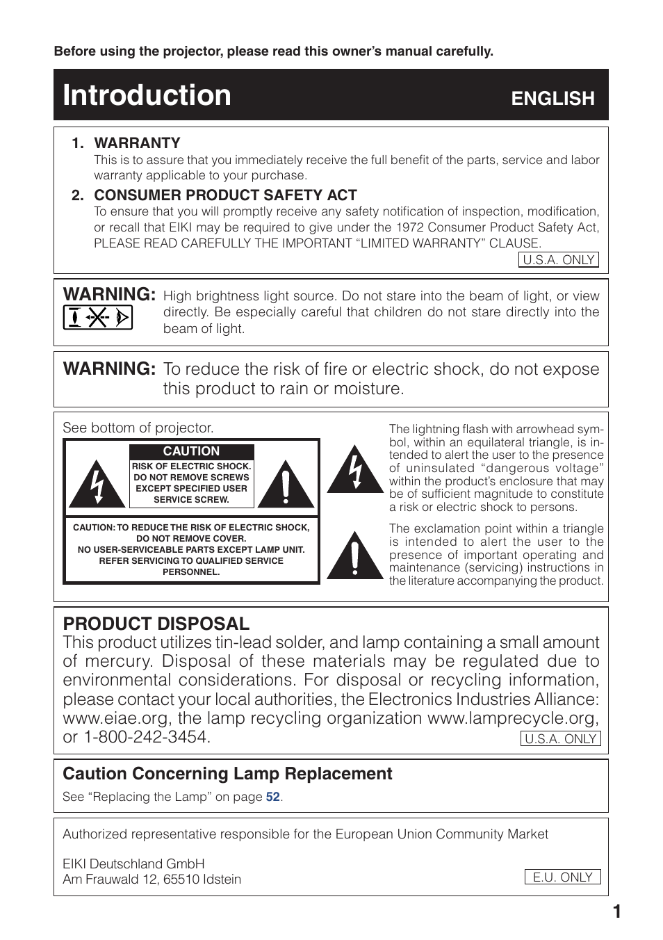 Introduction, English, Warning | Product disposal, Caution concerning lamp replacement | Eiki EIP-250 User Manual | Page 3 / 70