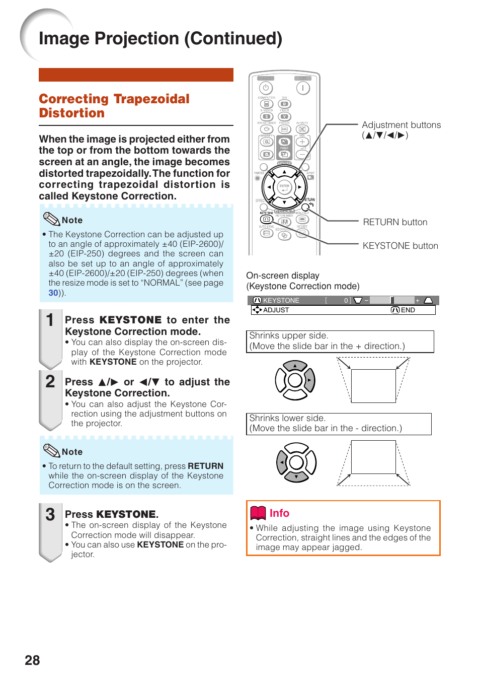 Correcting trapezoidal distortion, Image projection (continued) | Eiki EIP-250 User Manual | Page 30 / 70