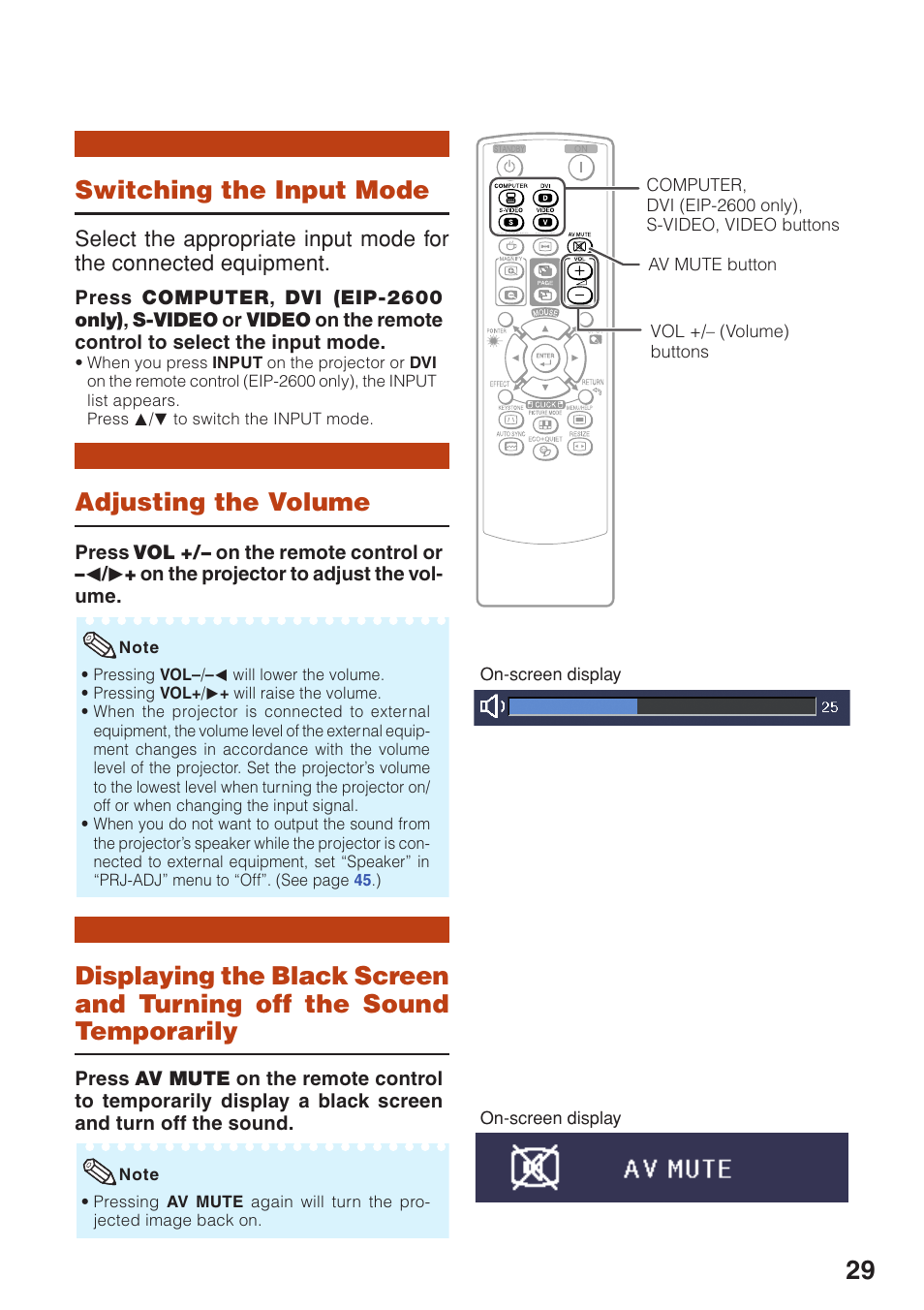 Switching the input mode, Adjusting the volume, Turning off the sound temporarily | Eiki EIP-250 User Manual | Page 31 / 70