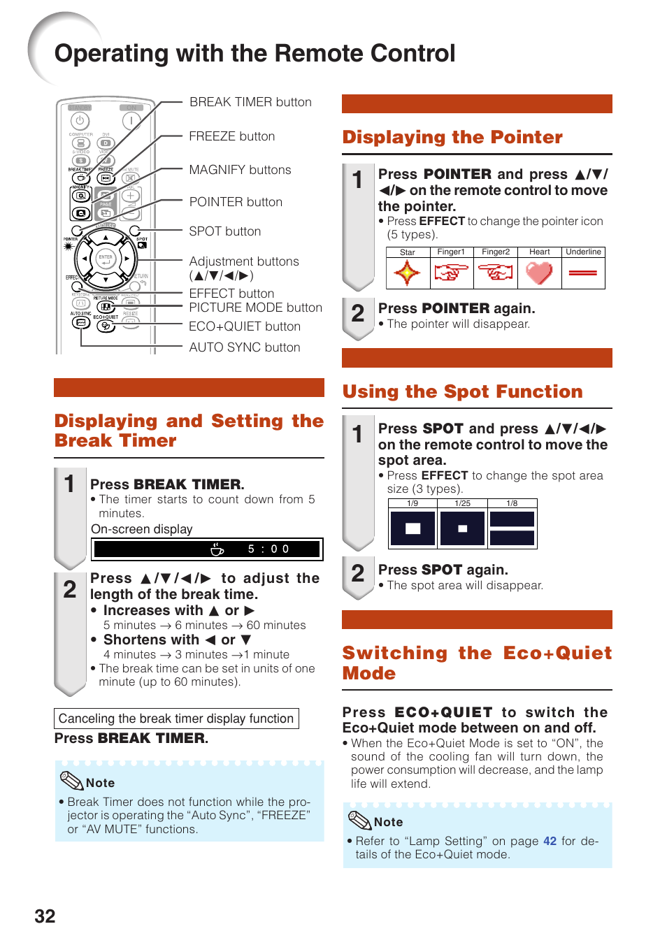 Useful features, Operating with the remote control, Displaying and setting the break timer | Displaying the pointer, Using the spot function, Switching the eco+quiet mode, Displaying and setting the, Break timer | Eiki EIP-250 User Manual | Page 34 / 70