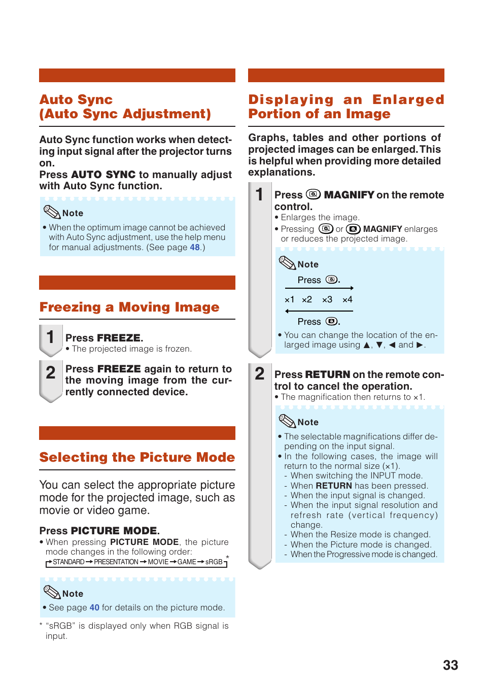 Auto sync (auto sync adjustment), Freezing a moving image, Selecting the picture mode | Displaying an enlarged portion of an image, An image, Displaying an enlar ged portion of an image | Eiki EIP-250 User Manual | Page 35 / 70