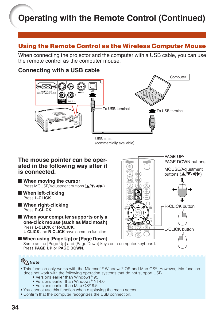 Using the remote control as the, Wireless computer mouse, Operating with the remote control (continued) | Connecting with a usb cable | Eiki EIP-250 User Manual | Page 36 / 70