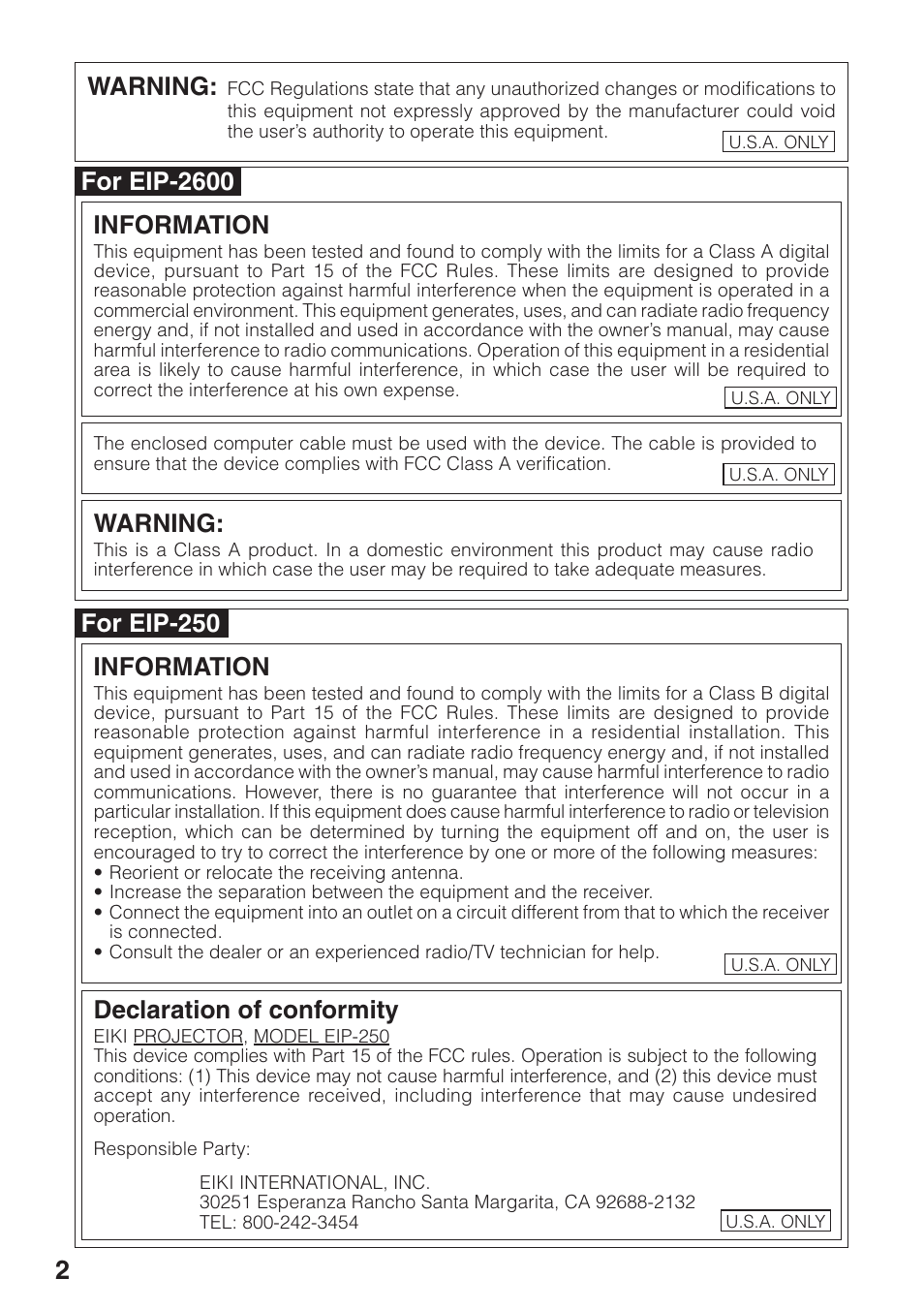 Warning, For eip-2600 information, For eip-250 information | Declaration of conformity | Eiki EIP-250 User Manual | Page 4 / 70