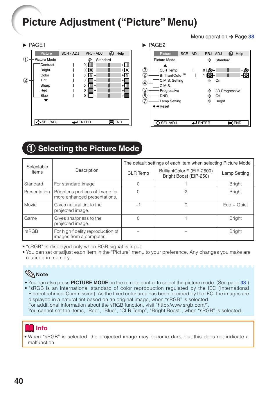 Picture adjustment (“picture” menu), Selecting the picture mode, For details on the pictur | 11 selecting the picture mode, Info | Eiki EIP-250 User Manual | Page 42 / 70