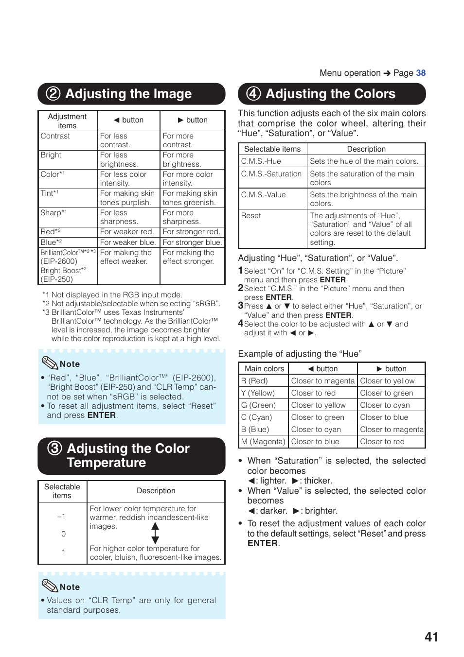 Adjusting the image, Adjusting the color temperature, Adjusting the colors | 33 adjusting the color temperature, 44 adjusting the colors | Eiki EIP-250 User Manual | Page 43 / 70