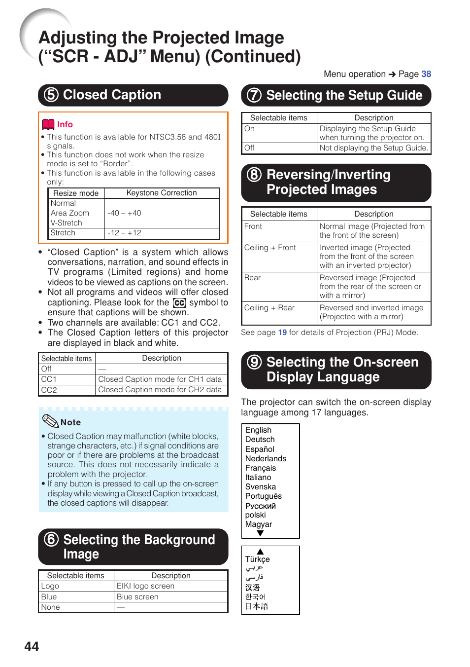 Closed caption, Selecting the background image, Selecting the setup guide | Reversing/inverting projected images, Selecting the on-screen display language, Images, Selecting the on-screen display, Language, 99 selecting the on-screen display language, 88 reversing/inverting projected images | Eiki EIP-250 User Manual | Page 46 / 70