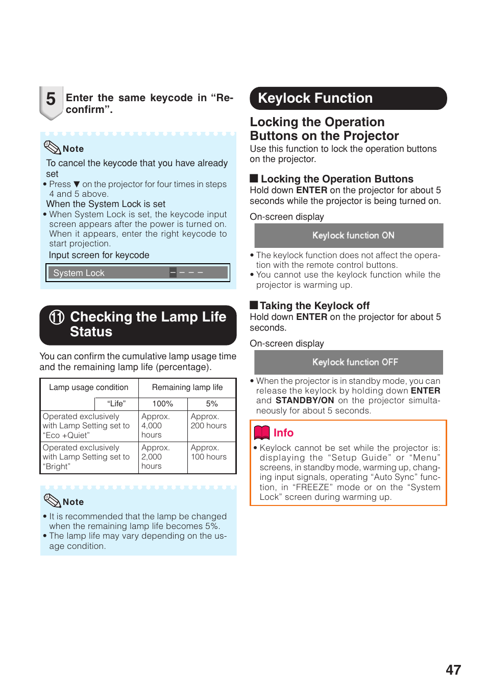 Checking the lamp life status, Keylock function, Checking the lamp life status keylock function | Locking the operation buttons on the projector | Eiki EIP-250 User Manual | Page 49 / 70