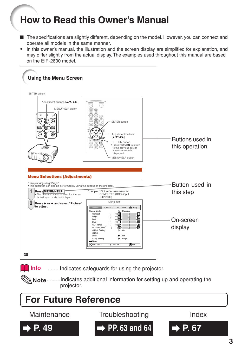 How to read this owner’s manual, For future reference, Index maintenance troubleshooting | Info, Indicates safeguards for using the projector, Using the menu screen | Eiki EIP-250 User Manual | Page 5 / 70