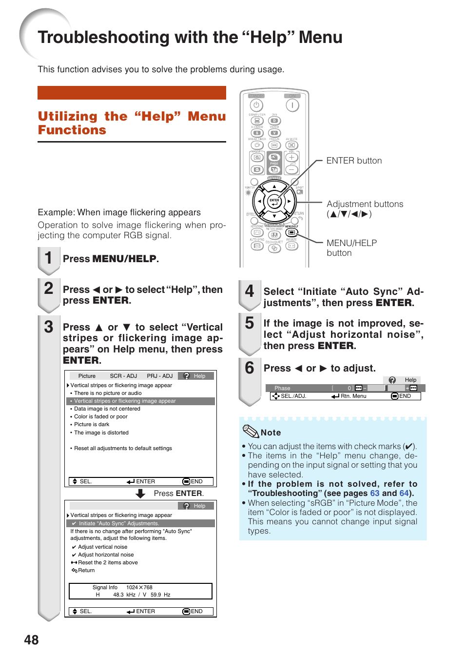 Troubleshooting with the “help” menu, Utilizing the “help” menu functions, Troubleshooting with the | Help” menu, Press menu/help, Press o or q to select “help”, then press enter | Eiki EIP-250 User Manual | Page 50 / 70