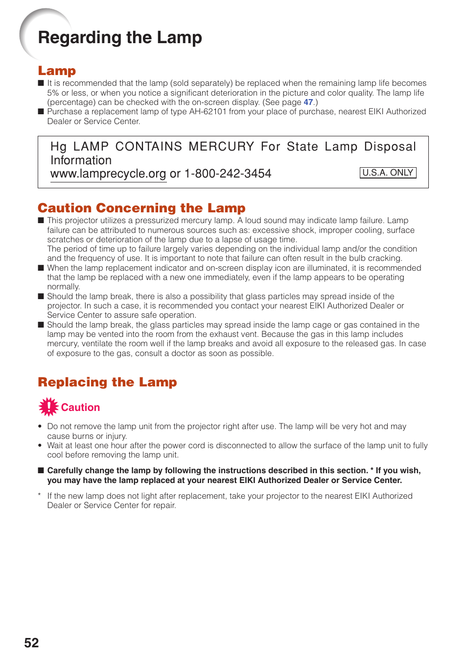 Regarding the lamp, Lamp, Caution concerning the lamp | Replacing the lamp | Eiki EIP-250 User Manual | Page 54 / 70