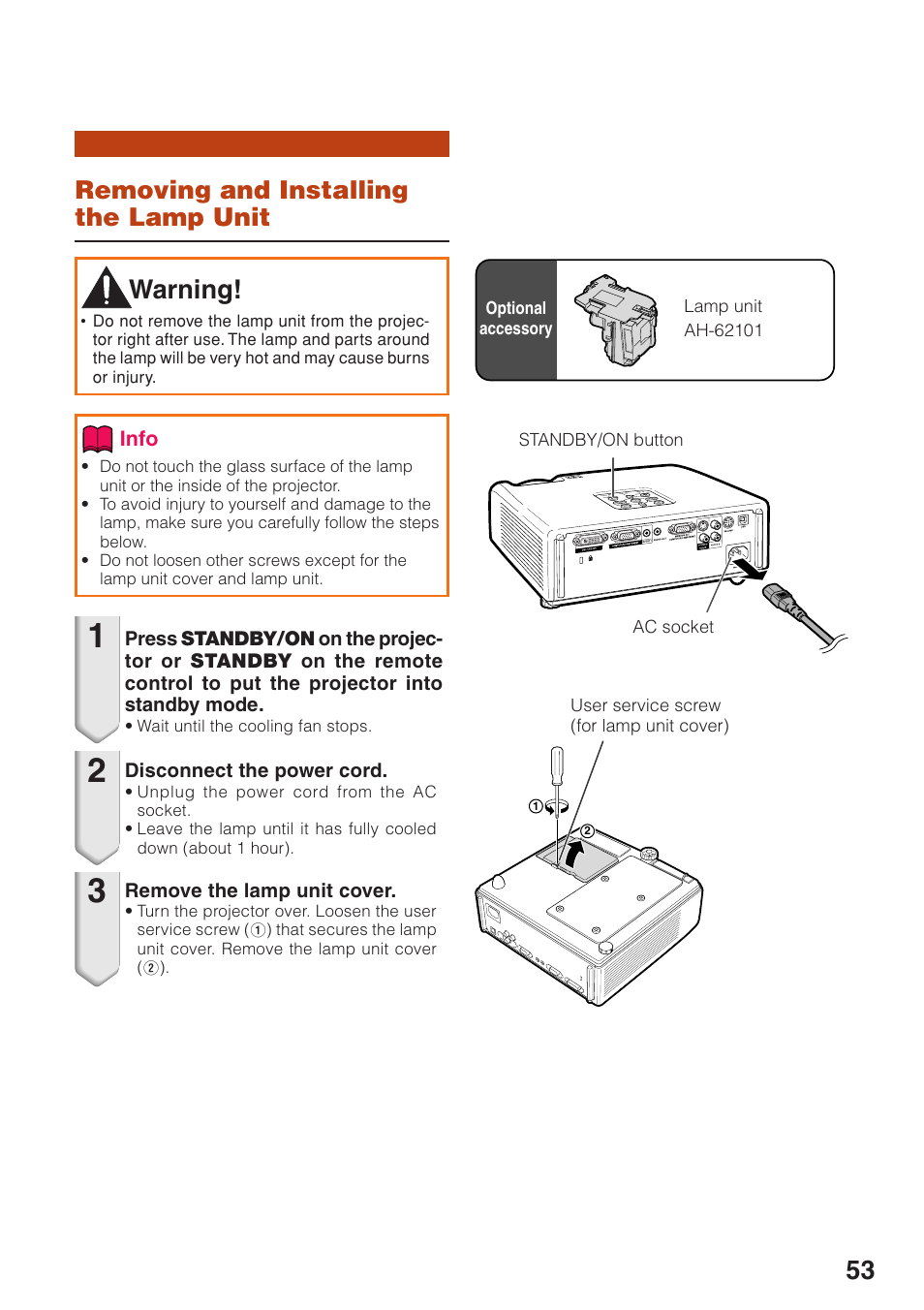 Removing and installing the lamp unit, Removing and installing the, Lamp unit | Warning | Eiki EIP-250 User Manual | Page 55 / 70