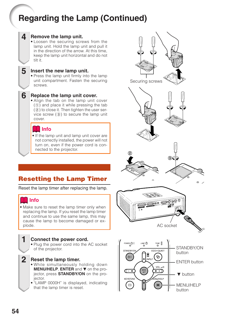 Resetting the lamp timer, Regarding the lamp (continued) | Eiki EIP-250 User Manual | Page 56 / 70