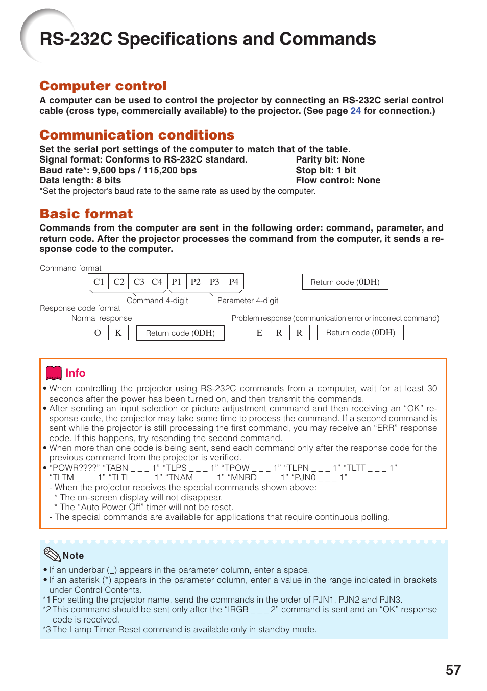 Rs-232c specifications and commands, Rs-232c specifications and, Commands | Computer control, Communication conditions, Basic format | Eiki EIP-250 User Manual | Page 59 / 70