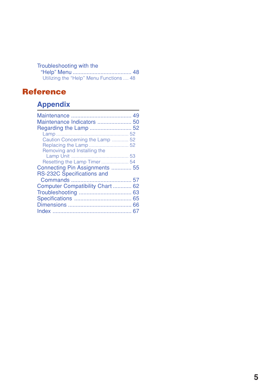 Reference, Appendix | Eiki EIP-250 User Manual | Page 7 / 70