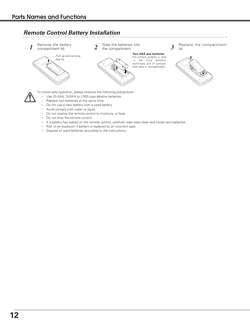 Remote control battery insta, Remote control battery installation, Parts names and functions | Eiki LC SD12 LC-SD12 User Manual | Page 12 / 52