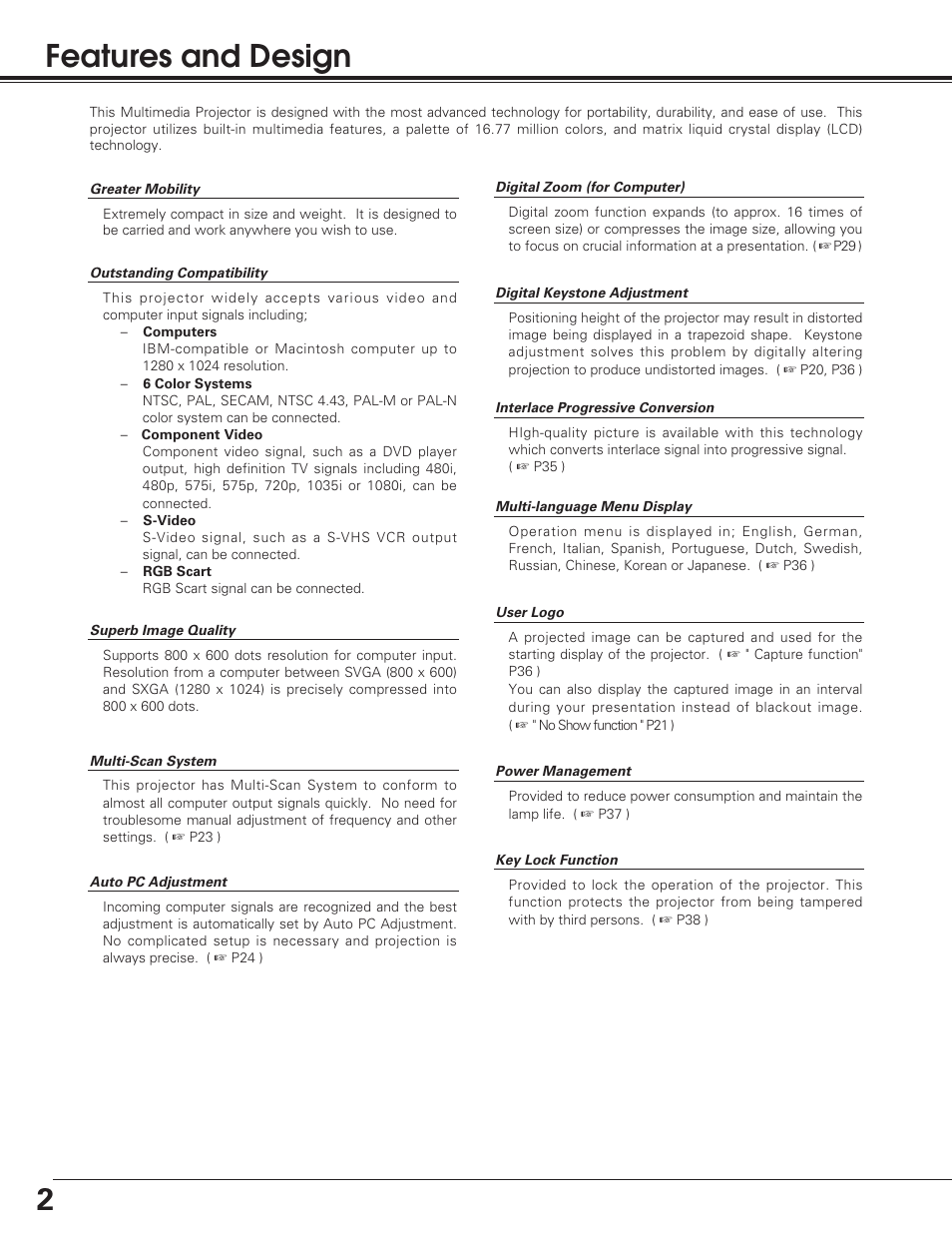 Features and design, 2features and design | Eiki LC SD12 LC-SD12 User Manual | Page 2 / 52