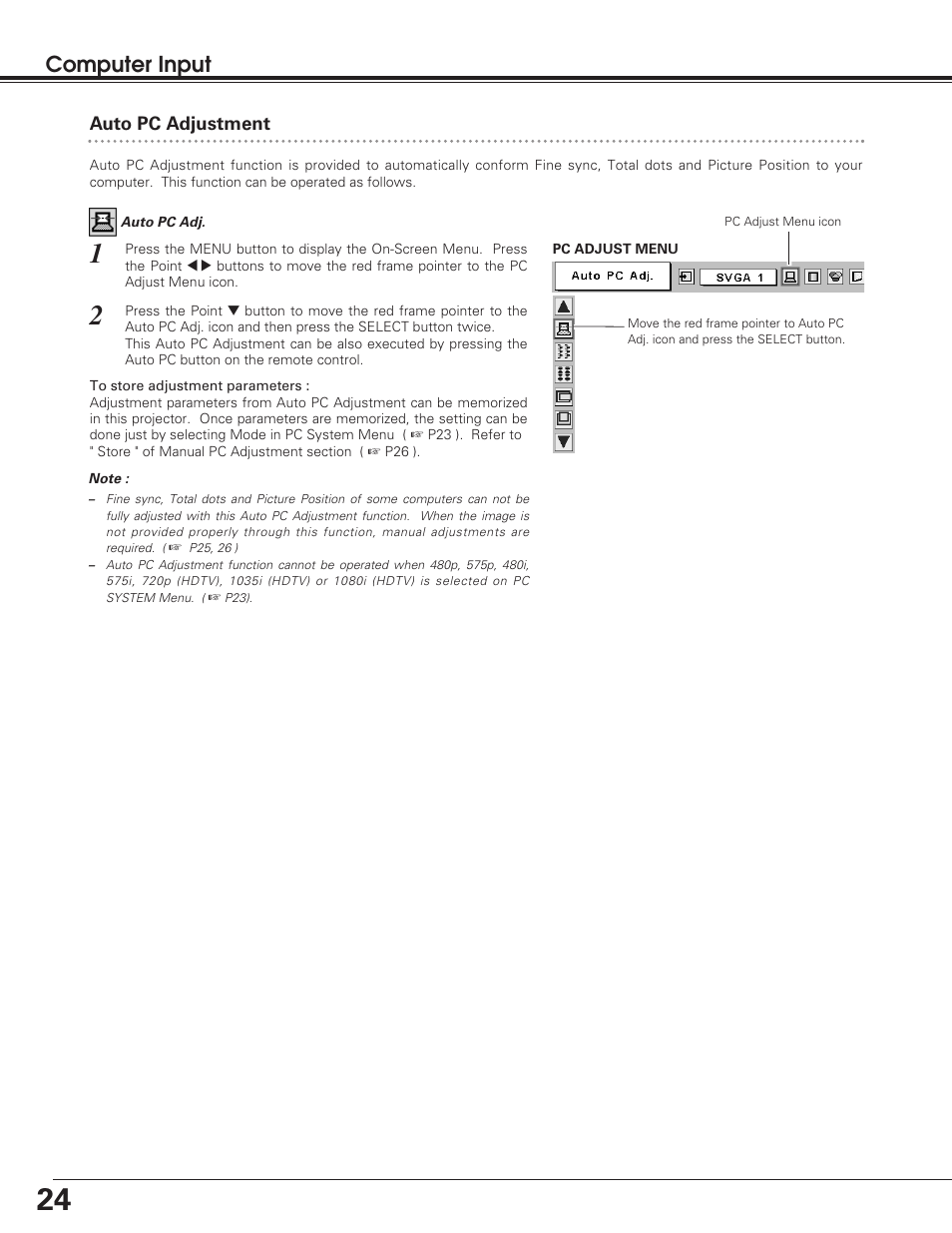 Auto pc adjustment, Computer input | Eiki LC SD12 LC-SD12 User Manual | Page 24 / 52