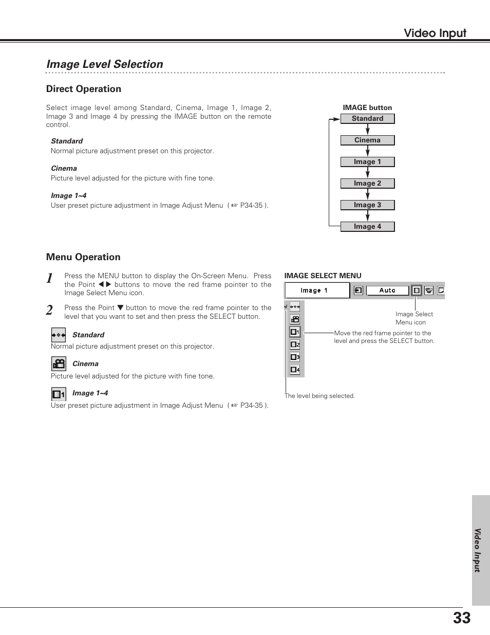 Image level selection, Video input | Eiki LC SD12 LC-SD12 User Manual | Page 33 / 52