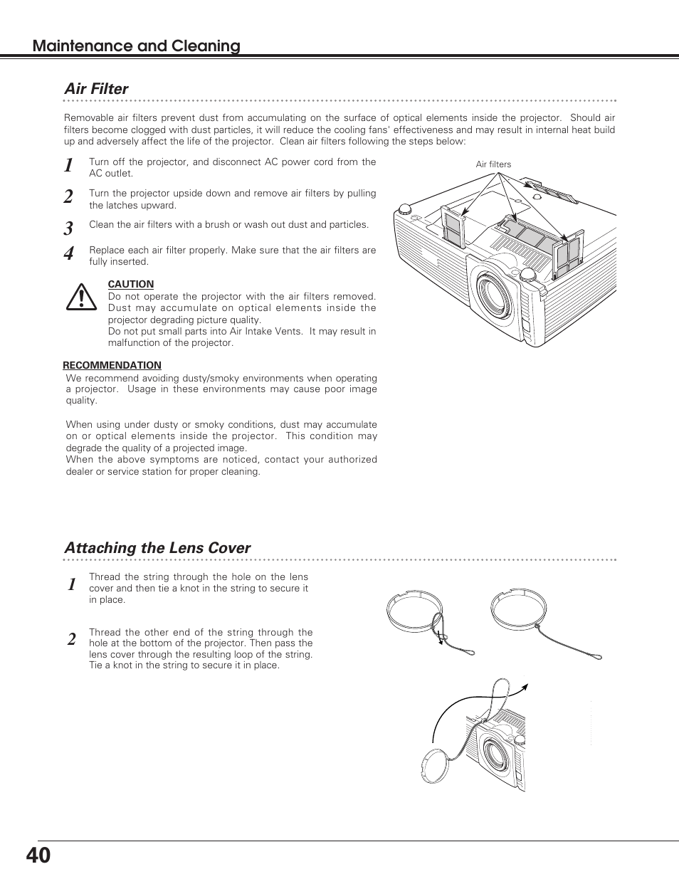 Air filter, Attaching the lens cover | Eiki LC SD12 LC-SD12 User Manual | Page 40 / 52