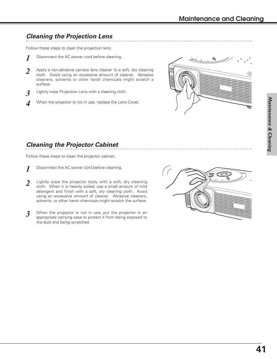 Cleaning the projection lens, Cleaning the projector cabinet | Eiki LC SD12 LC-SD12 User Manual | Page 41 / 52