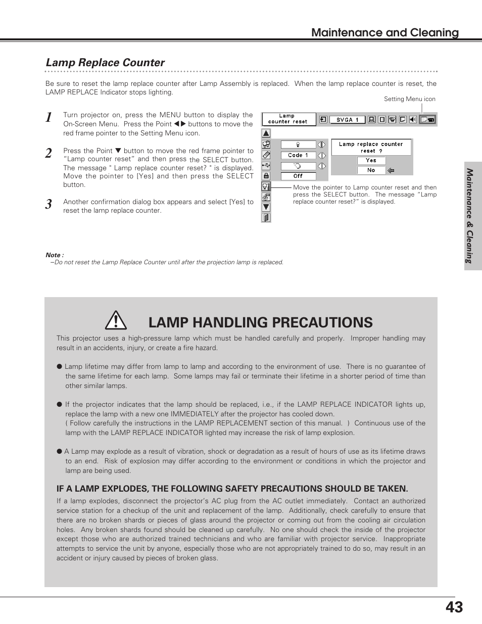 Lamp replace counter, Lamp handling precautions, Maintenance and cleaning lamp replace counter | Eiki LC SD12 LC-SD12 User Manual | Page 43 / 52