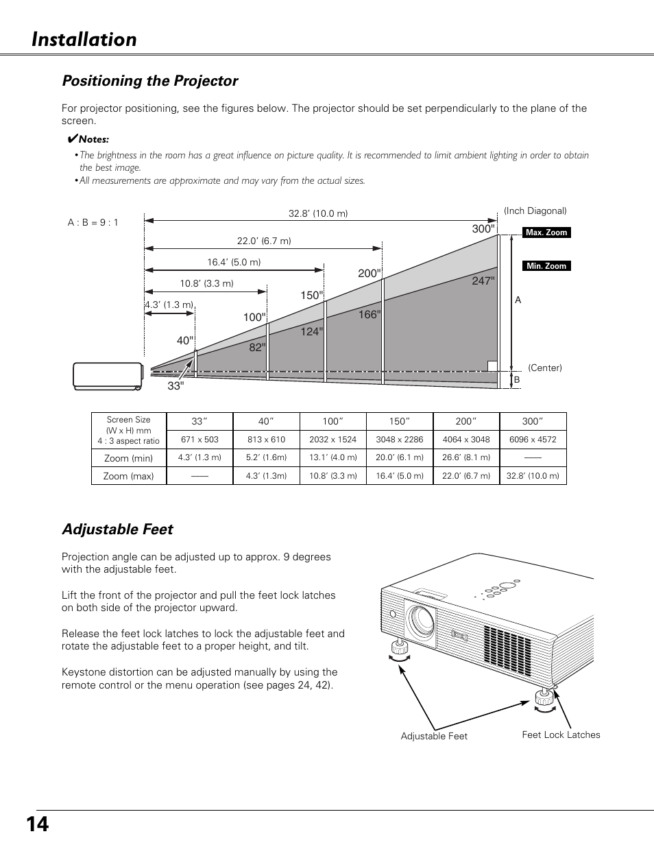 Installation, Positioning the projector, Adjustable feet | Eiki LC-XB41 User Manual | Page 14 / 66