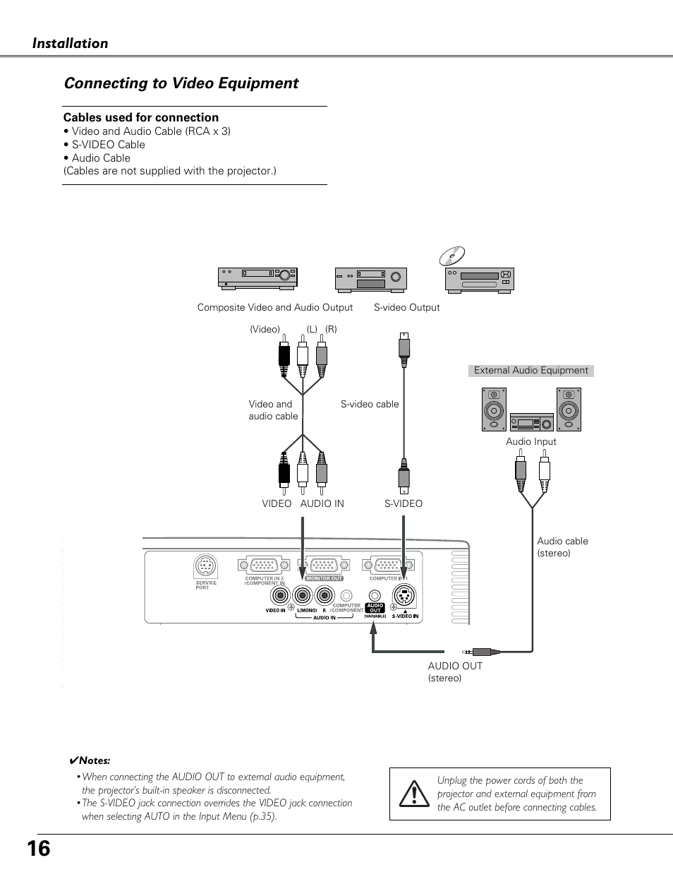 Connecting to video equipment, Installation connecting to video equipment | Eiki LC-XB41 User Manual | Page 16 / 66