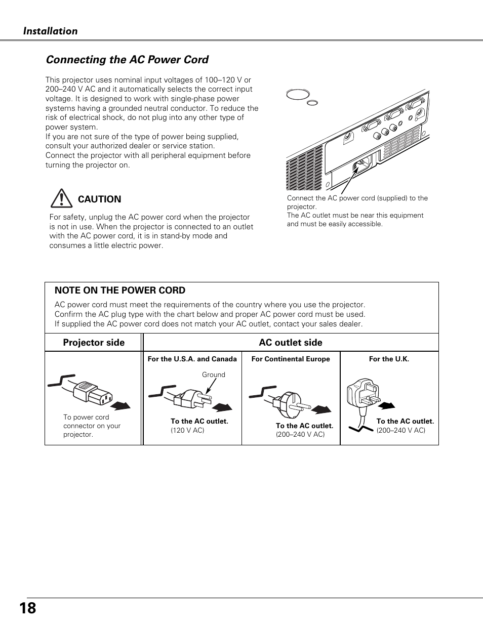 Connecting the ac power cord, Installation connecting the ac power cord | Eiki LC-XB41 User Manual | Page 18 / 66