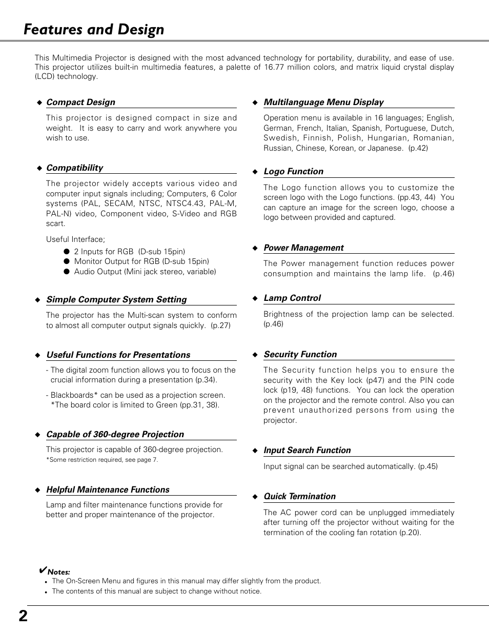 Features and design, 2features and design | Eiki LC-XB41 User Manual | Page 2 / 66