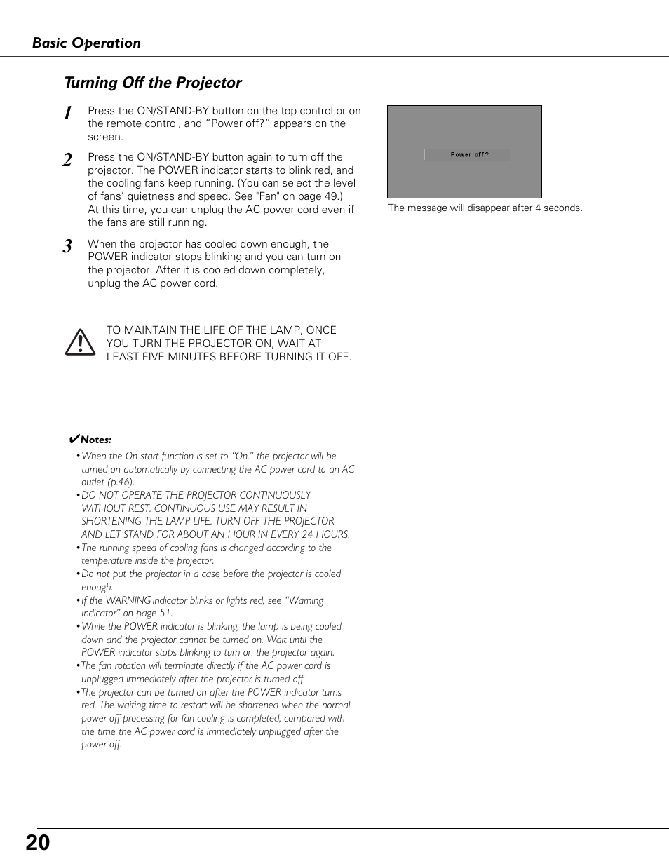 Turning off the projector, Basic operation | Eiki LC-XB41 User Manual | Page 20 / 66