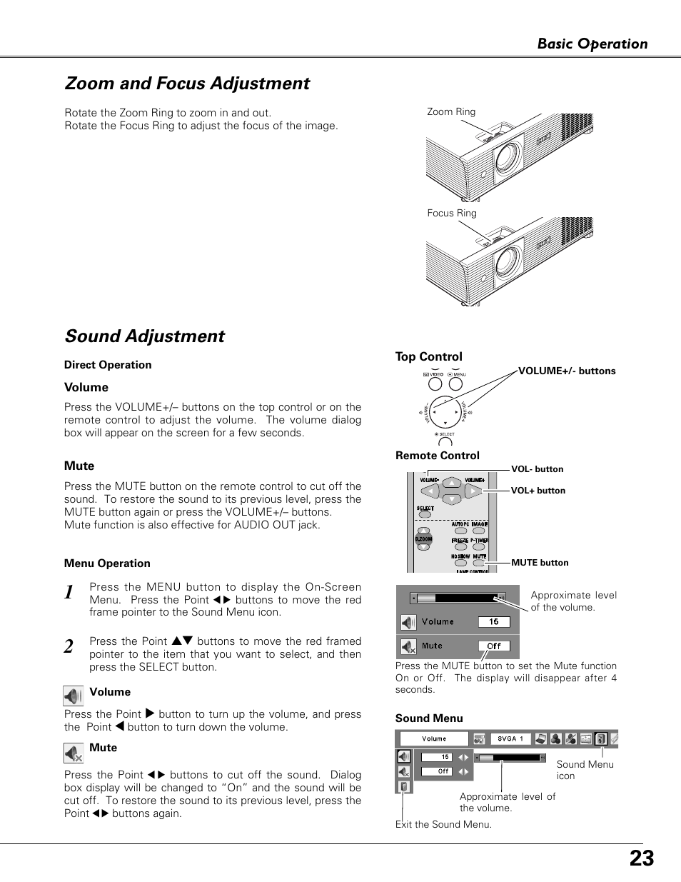 Zoom and focus adjustment, Sound adjustment, Basic operation | Eiki LC-XB41 User Manual | Page 23 / 66
