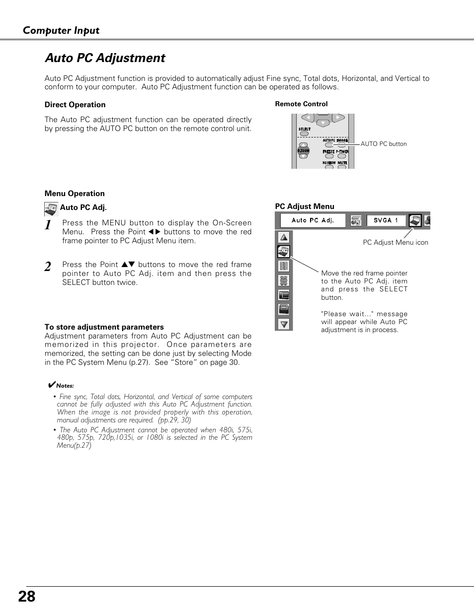 Auto pc adjustment, Computer input | Eiki LC-XB41 User Manual | Page 28 / 66