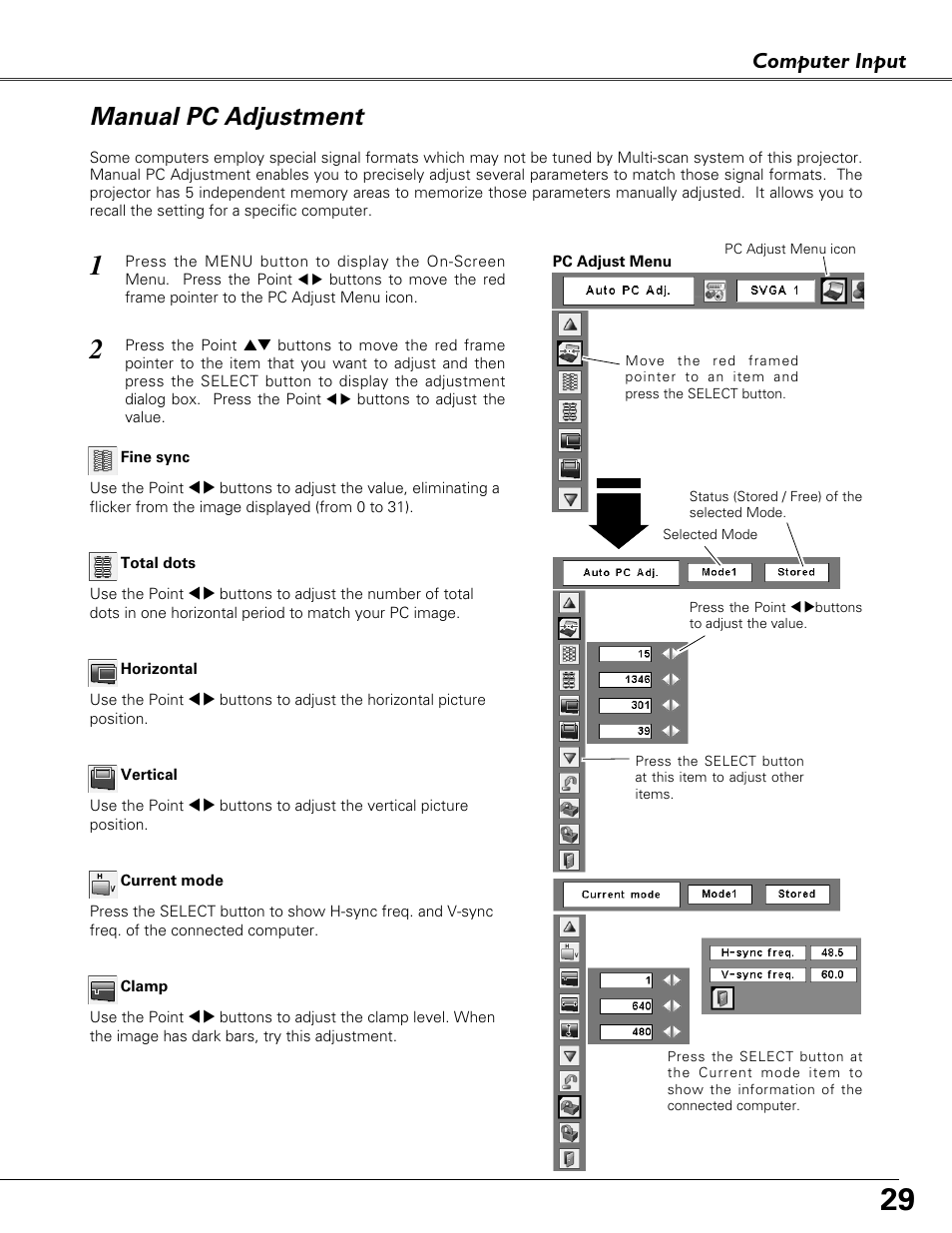 Manual pc adjustment, Computer input | Eiki LC-XB41 User Manual | Page 29 / 66