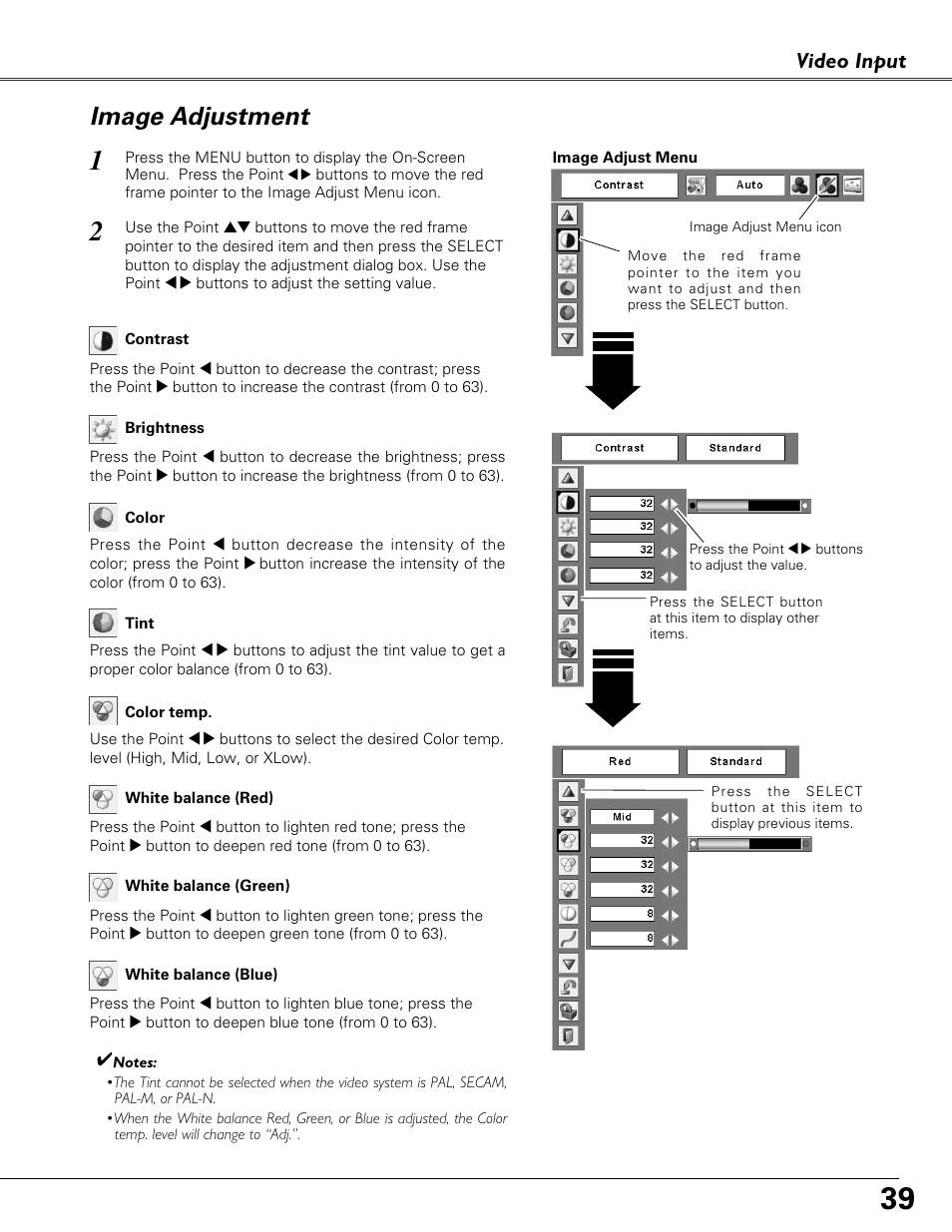 Image adjustment, Video input | Eiki LC-XB41 User Manual | Page 39 / 66