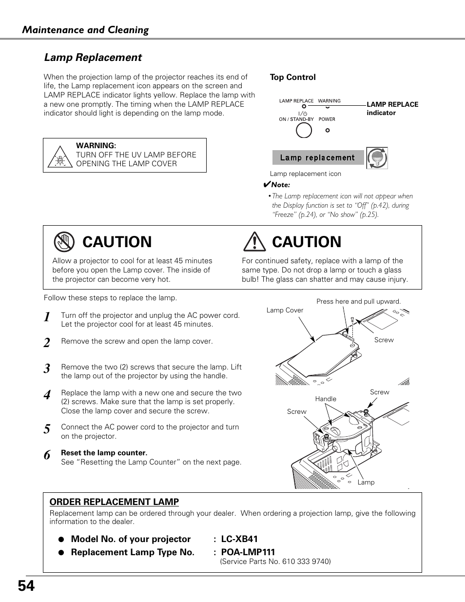 Lamp replacement, Caution | Eiki LC-XB41 User Manual | Page 54 / 66