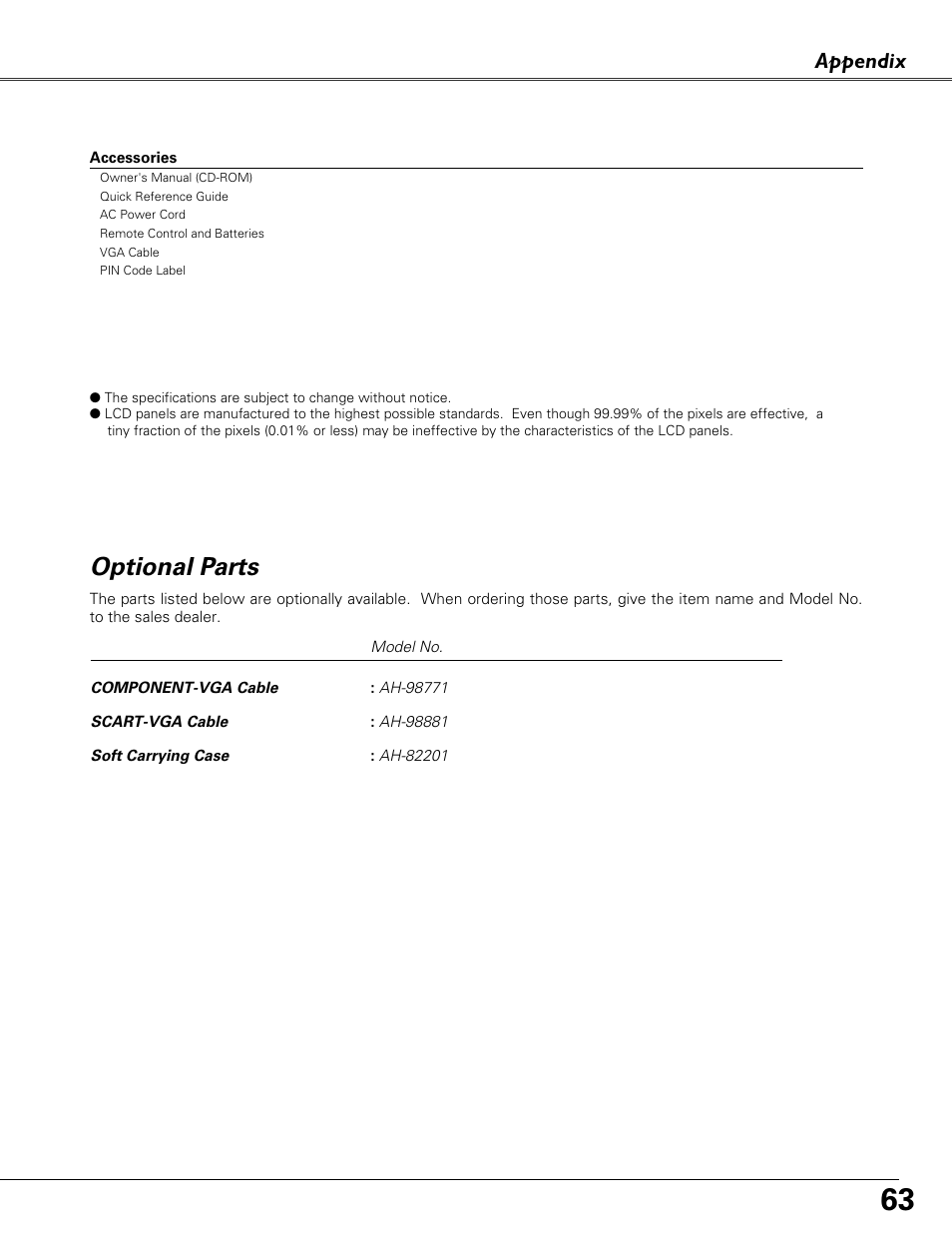 Optional parts, Appendix | Eiki LC-XB41 User Manual | Page 63 / 66