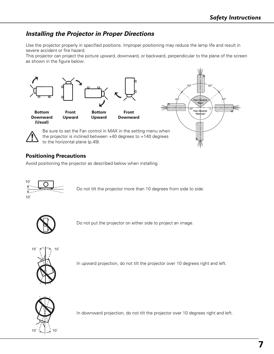 Installing the projector in proper directions, Safety instructions, Positioning precautions | Eiki LC-XB41 User Manual | Page 7 / 66