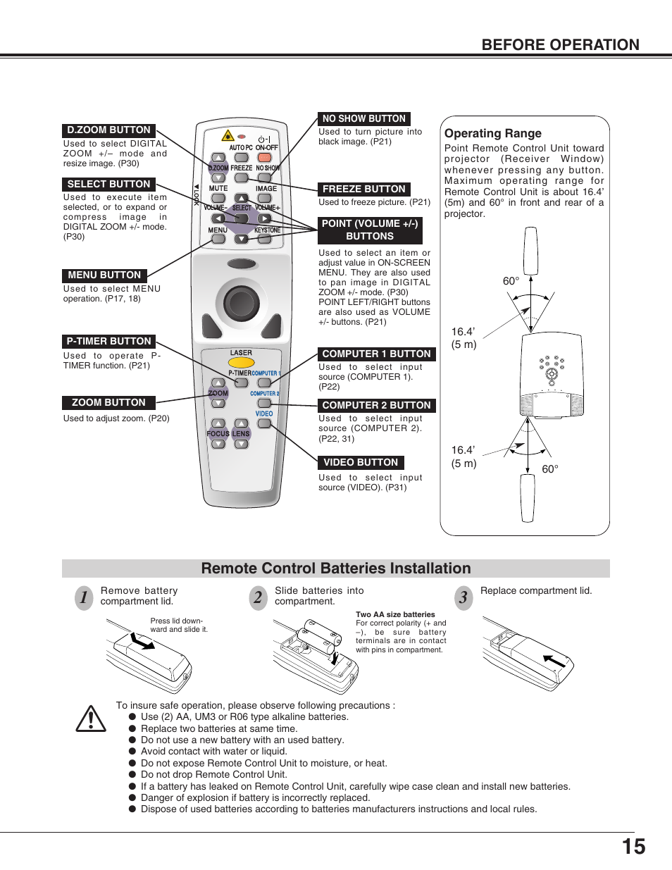 Remote control batteries installation, Before operation, Operating range | Eiki LC-XG110 User Manual | Page 15 / 48