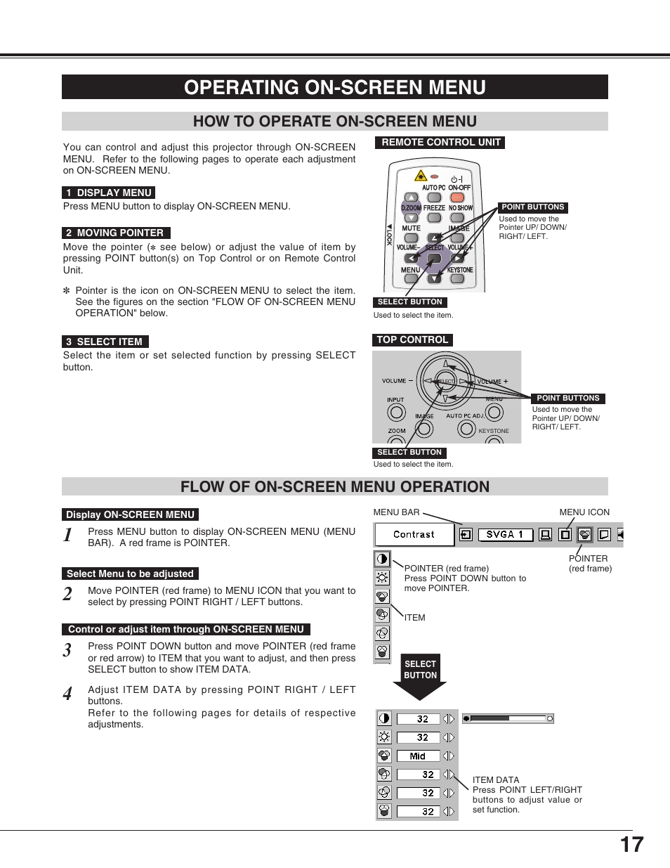 Operating on-screen menu, How to operate on-screen menu, Flow of on-screen menu operation | Eiki LC-XG110 User Manual | Page 17 / 48