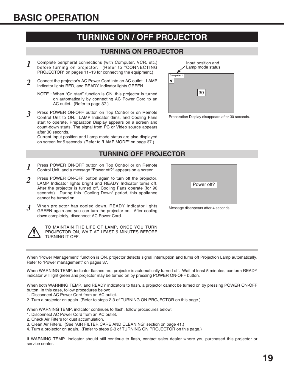 Basic operation, Turning on/off projector, 19 basic operation | Turning on / off projector 1 | Eiki LC-XG110 User Manual | Page 19 / 48