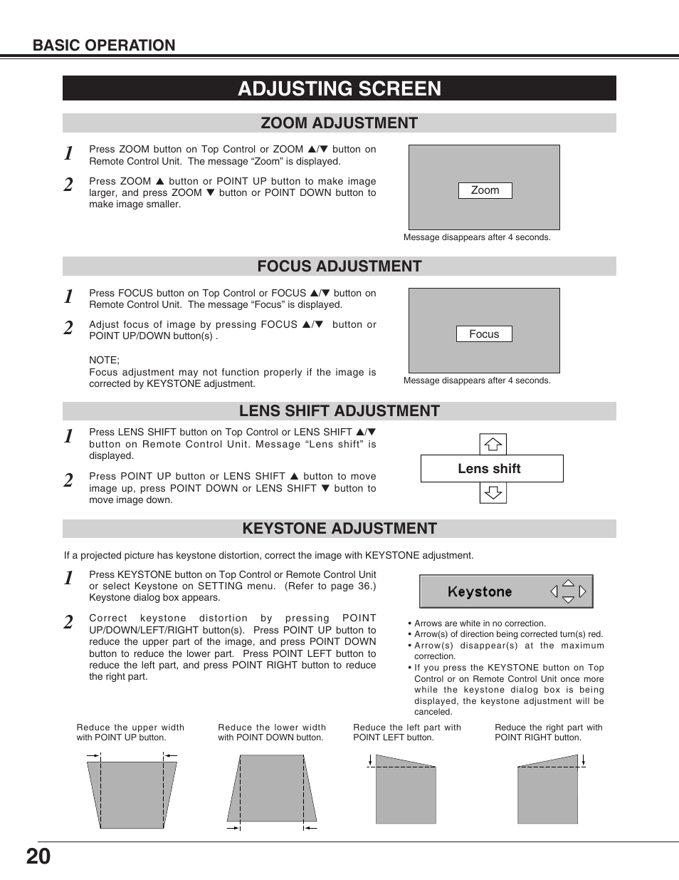 Adjusting screen, Zoom adjustment, Focus adjustment | Lens shift adjustment, Keystone adjustment, Picture freeze function, No show function, P-timer function, Sound adjustment, Basic operation | Eiki LC-XG110 User Manual | Page 20 / 48