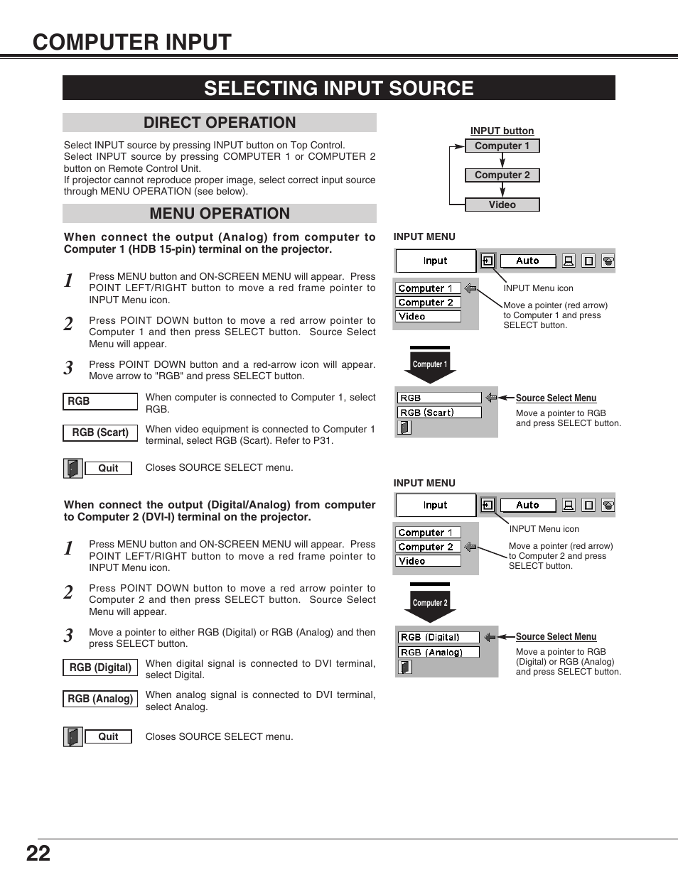 Computer input, Selecting input source, 22 computer input | Menu operation direct operation | Eiki LC-XG110 User Manual | Page 22 / 48