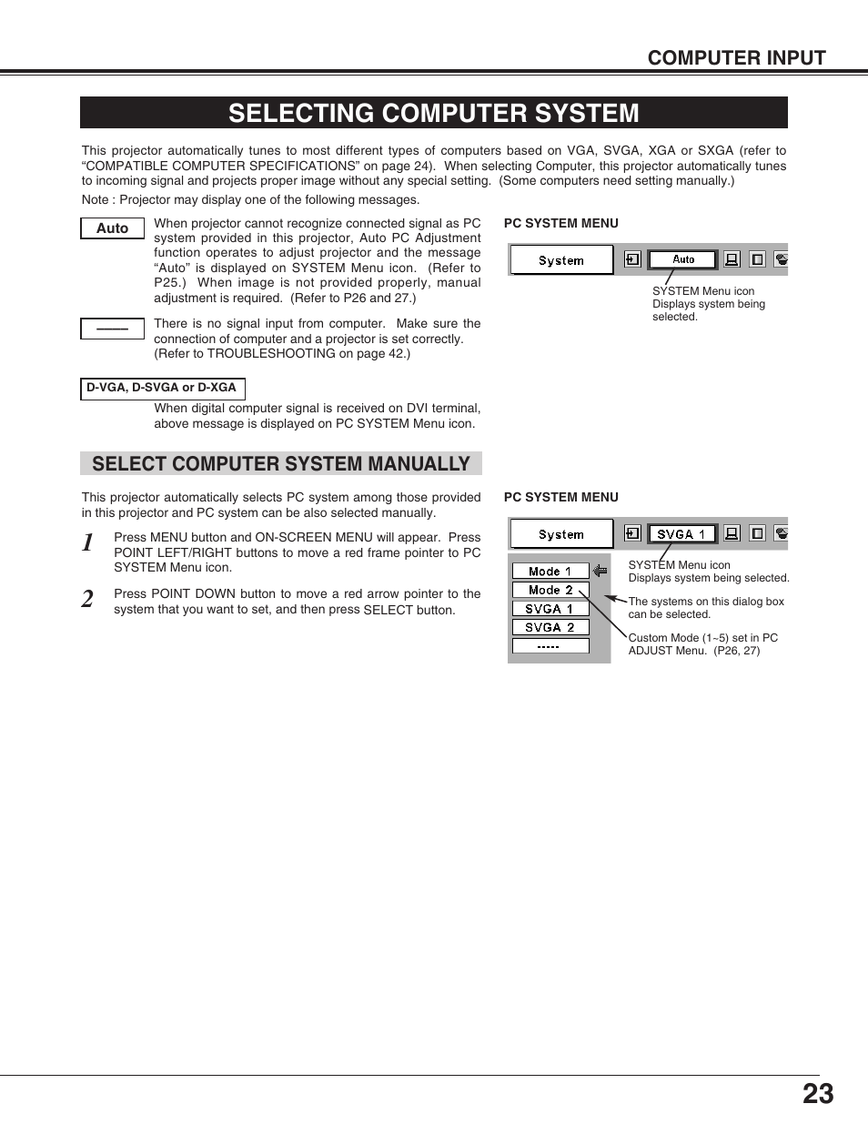 Selecting computer system, Computer input, Select computer system manually | Eiki LC-XG110 User Manual | Page 23 / 48